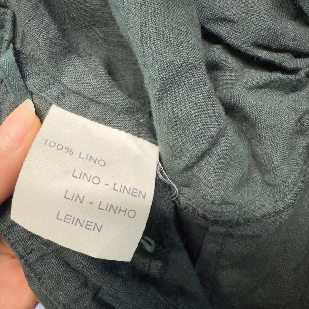 120% Lino Dark Green 100% Linen Halter Midi Dress Made in Italy Ruched V-Neck
